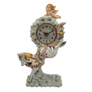 Vintage Angel Cherub Wings Clouds Porcelain Clock Stars Baby Blue